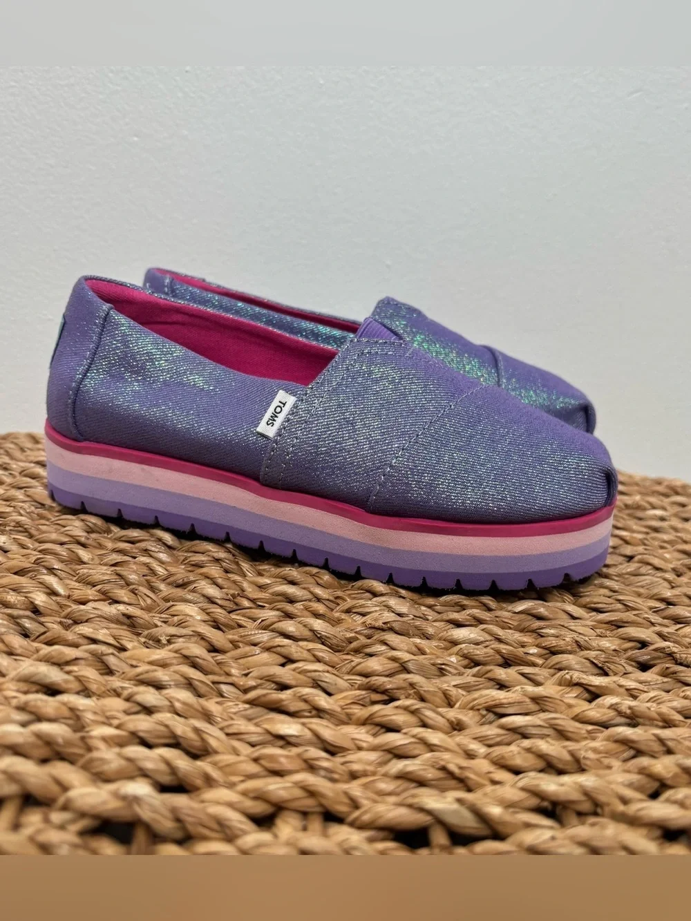 Toms Girls Purple Glitter Slip-On Platform Shoes with Pink Accents